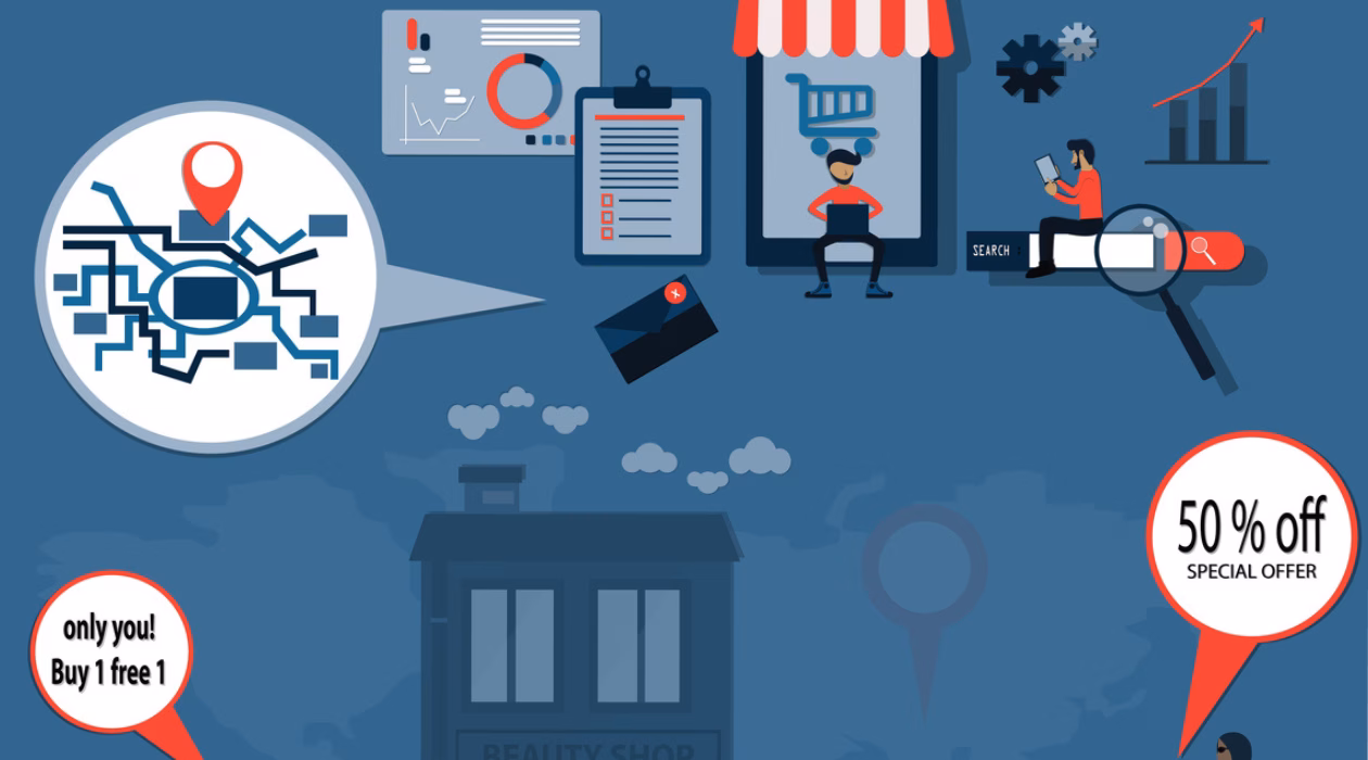 Geofencing illustration with a location pin and nearby stores