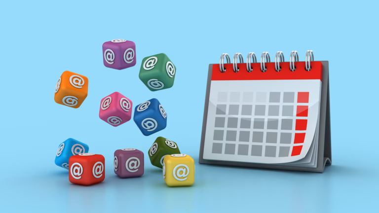 Colorful email symbol blocks next to a calendar, representing scheduled email campaigns