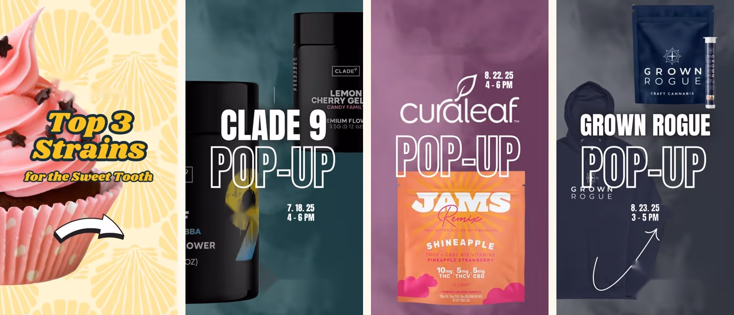 Four dispensary social posts: a strain feature and three vendor pop-up announcements