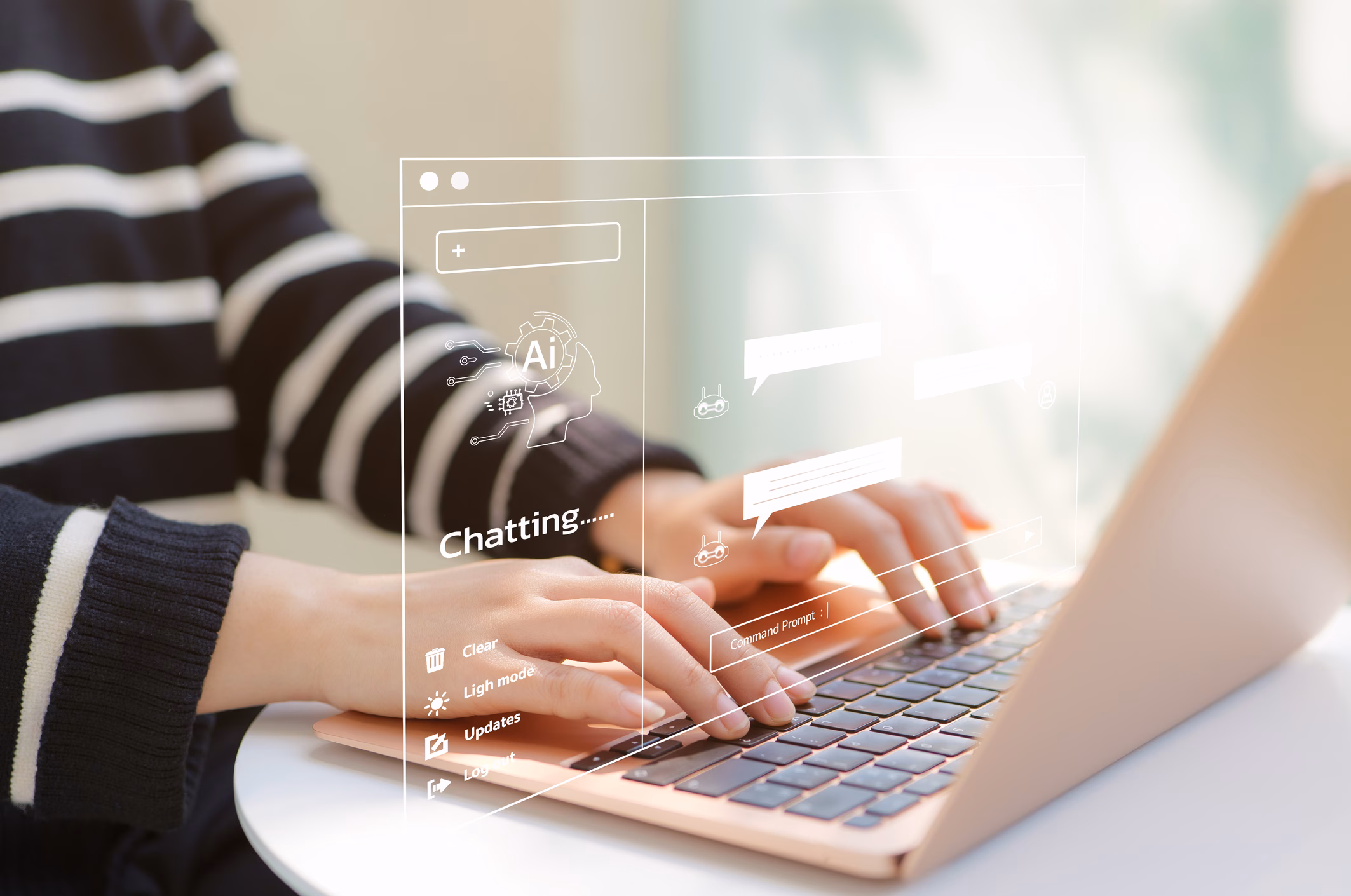 Woman typing on a laptop while chatting with an AI assistant